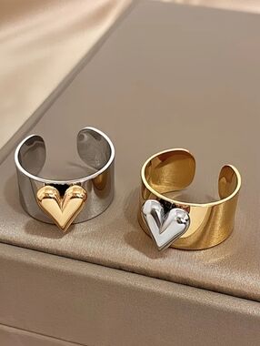 #21 Two-Tone Heart Cuff Ring - Gold & Silver, Stainless Steel And Adjustable